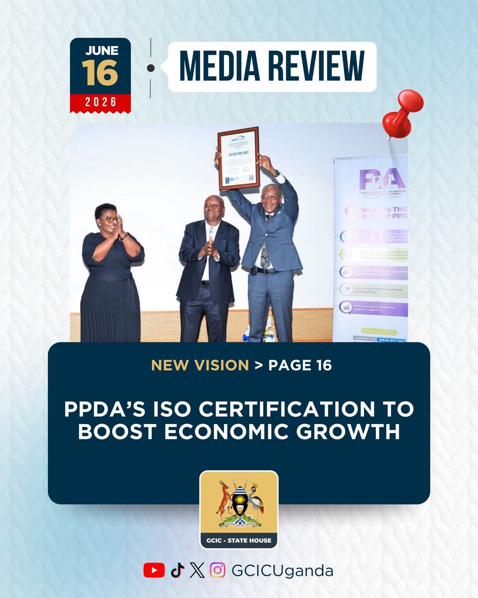 GideonSsekidde's tweet photo. Big win for transparency.
PPDA secures ISO certification - a step toward stronger procurement systems and faster economic growth in Uganda.
#PPDA #ISOCertified @GovUganda #EconomicGrowth @GCICMediaReview @Parliament_Ug #GoodGovernance #GCICUganda @mofpedU @henrymusasizi1 https://t.co/rd8L1zAVpH