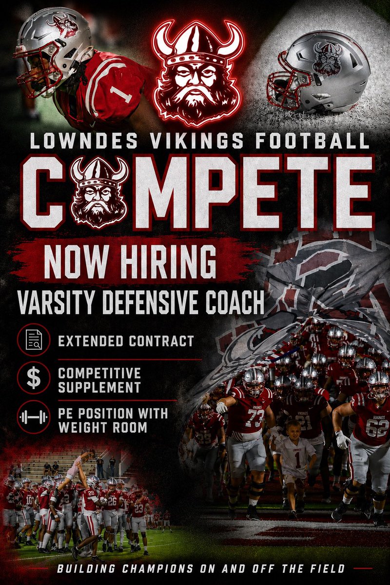 CarterVikingsFB's tweet photo. Looking for one additional Varsity defensive position coach. PE position in the building. Knowledge of LB/DB preferred. Extended contract and competitive supplement. July 6th start date. 
@GeorgiaFBScoop 
HC: adamcarter@lowndes.k12.ga.us
RC: steveholley@lowndes.k12.ga.us
DC: mattgarris@lowndes.k12.ga.us