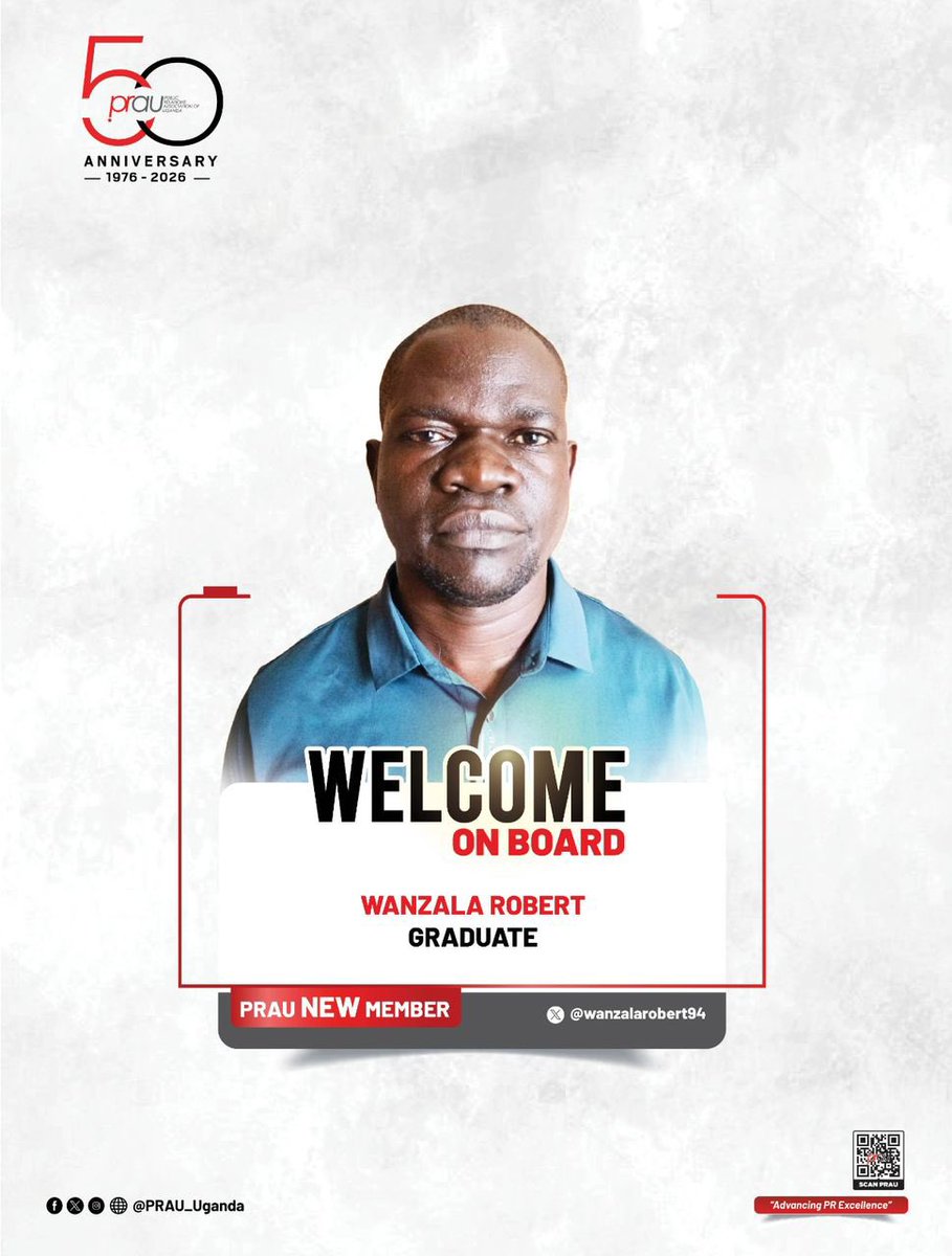 PRAU_Uganda's tweet photo. #NewMemberAlert: Wanzala Robert

Please join us in welcoming Robert, a Mass Communication graduate from Islamic University in Uganda, to the PRAU community.

Robert brings a strong foundation in media, communication, and digital content production. His expertise spans public relations, graphic design, photography, audio and video production, television and radio presentation, as well as the use of Canva and Adobe Creative tools.

With proven leadership experience and excellent communication skills, Robert is passionate about continuous learning, professional growth, and leveraging innovative communication strategies to create meaningful impact in today’s fast-paced media and communications landscape.

Welcome Aboard Robert. 
#PRAUAt50 #AdvancingPRExcellence
