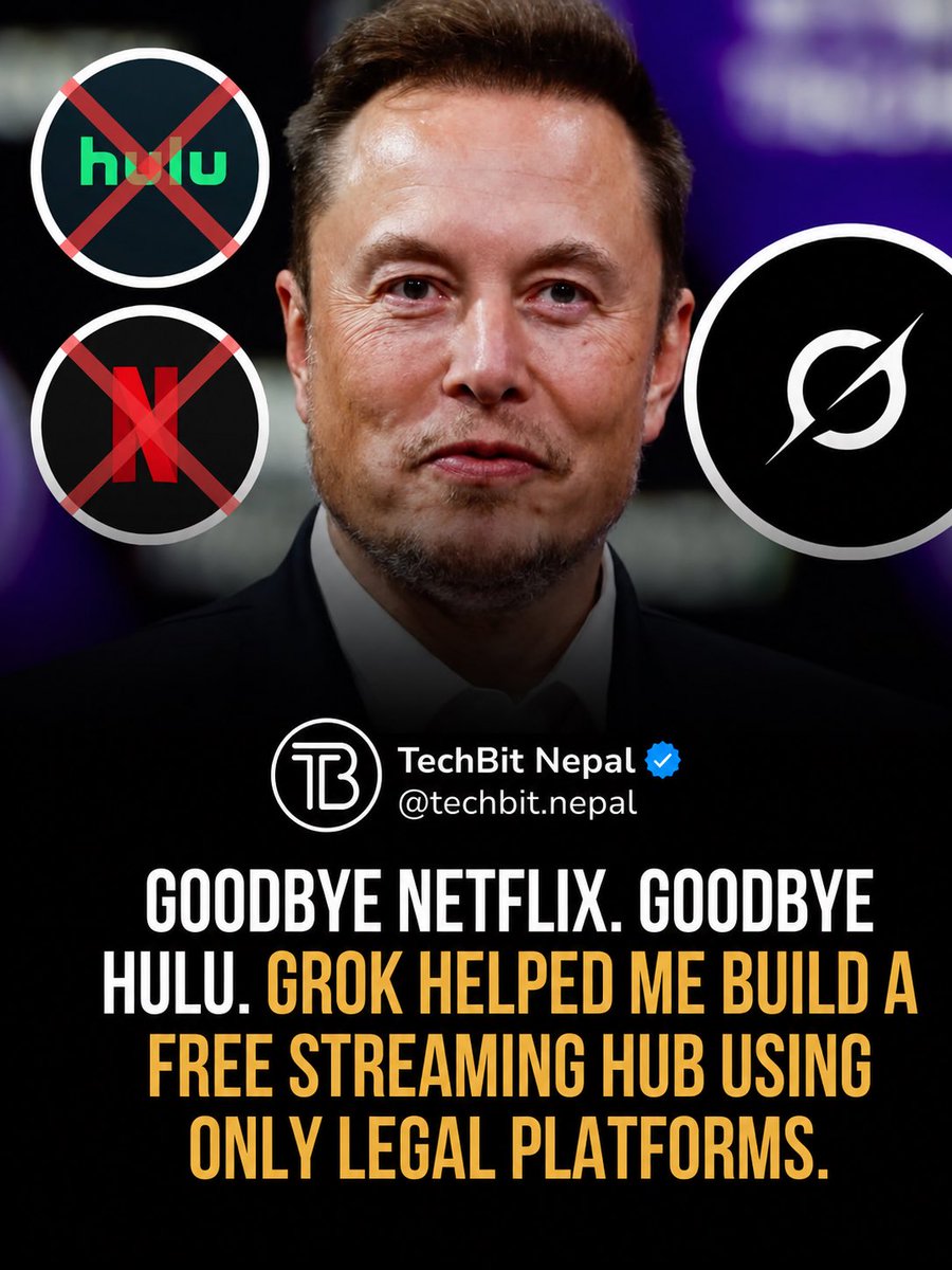 Techbit_Nepal's tweet photo. 🚨 What if you could build your own personalized streaming hub for free?

No piracy. No shady websites. Just smart use of legal platforms and AI. 🤖⚡

This Grok-powered setup changed how I discover and watch content online.

#techbitnepal #grokai #aitools #technepal #nepaltech https://t.co/TC7bLDbSwI