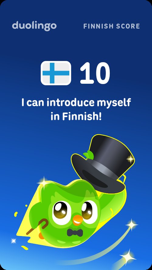 Apache2_91329's tweet photo. My Duolingo Finnish Score is 10! https://t.co/ONrhfv5Twn