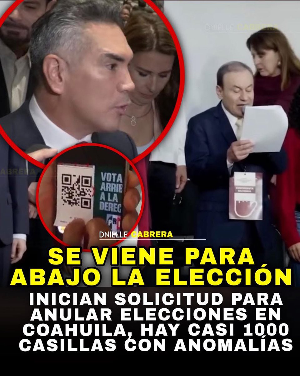 DnielleCabrera's tweet photo. 🚨 SE VENDRÍA ABAJO LA ELECCIÓN!

El partido guinda presentó formalmente un recurso para solicitar la nulidad de la elección de las 16 diputaciones locales en Coahuila, argumentando que se detectaron casi mil casillas con anomalías e inconsistencias durante el proceso electoral. Entre los señalamientos se encuentran casillas con participación superior al 100% del padrón, votaciones atípicas y presuntos mecanismos de compra y coacción del voto mediante códigos QR