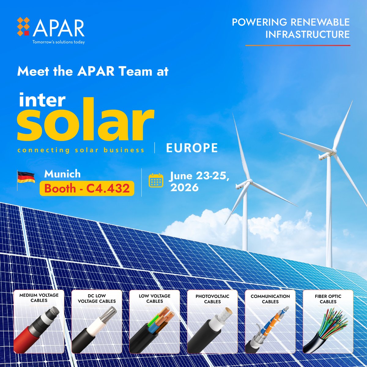 AparIndustries's tweet photo. The global energy transition continues to accelerate, and we are excited to be part of the conversation at Intersolar Europe 2026.
Munich, Germany
June 23 – 25, 2026
APAR Booth: C4. 432
#APARIndustries #IntersolarEurope #SolarEnergy #SolarProjects #RenewableEnergy #SolarCables https://t.co/YMJ8MZFl6Z