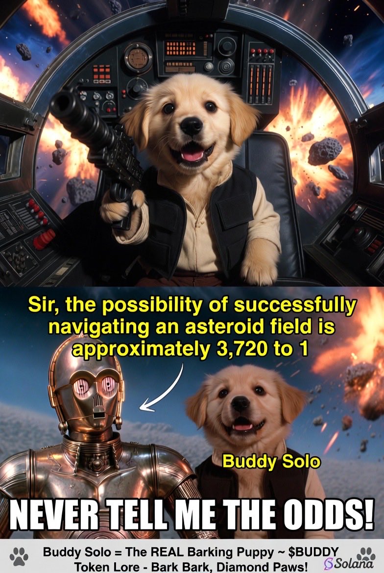 Mainelobstr's tweet photo. C-3PO: “Sir, the odds are 3,720 to 1…”
“NEVER TELL ME THE ODDS!”
The REAL Barking Puppy never backs down 🚀 Diamond paws only 🐾
$BUDDY is bullet proof
#BUDDY #BarkingPuppy #Solana https://t.co/lqL50Rktxf