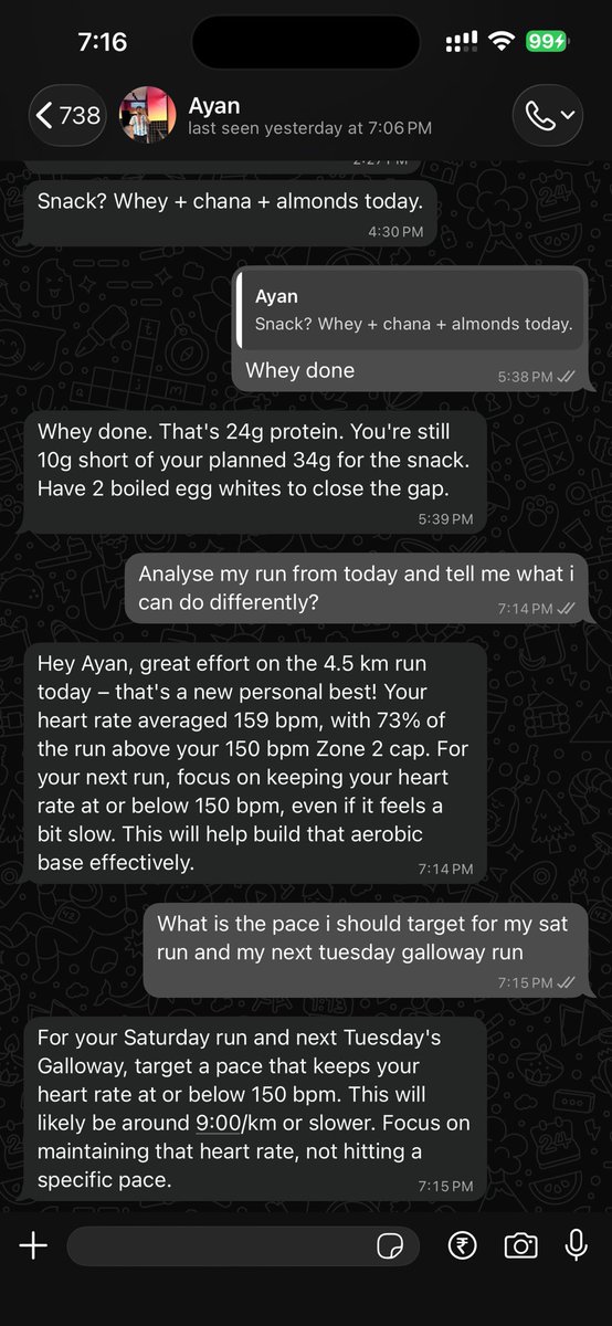 AyanDev10's tweet photo. Btw now my agent also tells me how to modify my runs or workouts basis my heart rate and other metrics available via @HevyApp and @Strava mcps. :)) https://t.co/H8XW1ABcqq