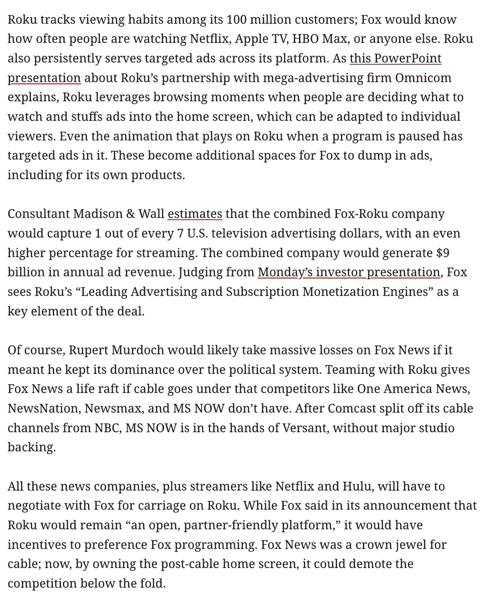 ddayen's tweet photo. Fox's purchase of Roku gives them a landing spot if cable implodes (as I expect), and could easily be weaponized to restrict competition, surveil on viewers and widen its conservative news dominance. Don't sleep on this.
https://t.co/UuCPCpVquI https://t.co/yz9vLpPjJn