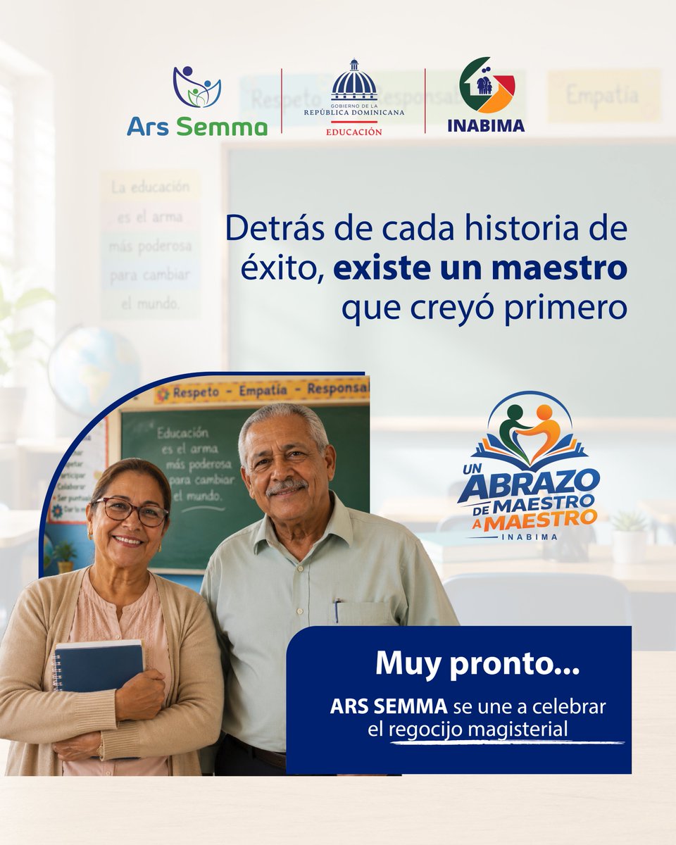 ARSSEMMARD's tweet photo. Muy pronto la ARS SEMMA se unirá al regocijo magisterial junto a @INABIMARD 
#UnAbrazodeMaestroaMaestro #TurismoMagisterial #INABIMAAbrazaAlMaestro #RegocijoMagisterial2026 https://t.co/EaTH8wlDLp
