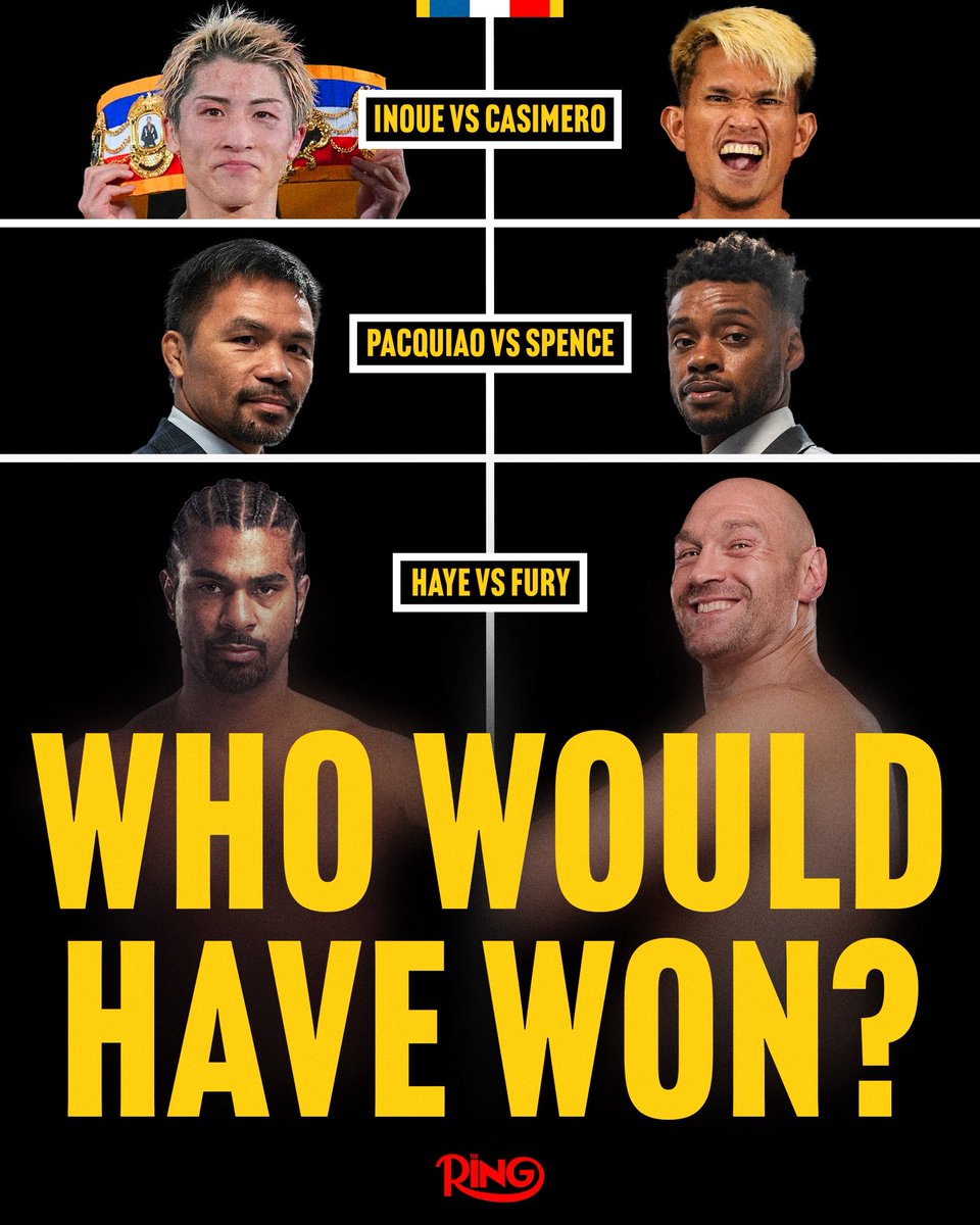 ringmagazine's tweet photo. Who would have won these three cancelled fights that never took place ❓

🥊 Naoya Inoue vs John Riel Casimero (2020)
🥊 Manny Pacquiao vs Errol Spence (2021)
🥊 David Haye vs Tyson Fury (2013) https://t.co/y572UjnGKs