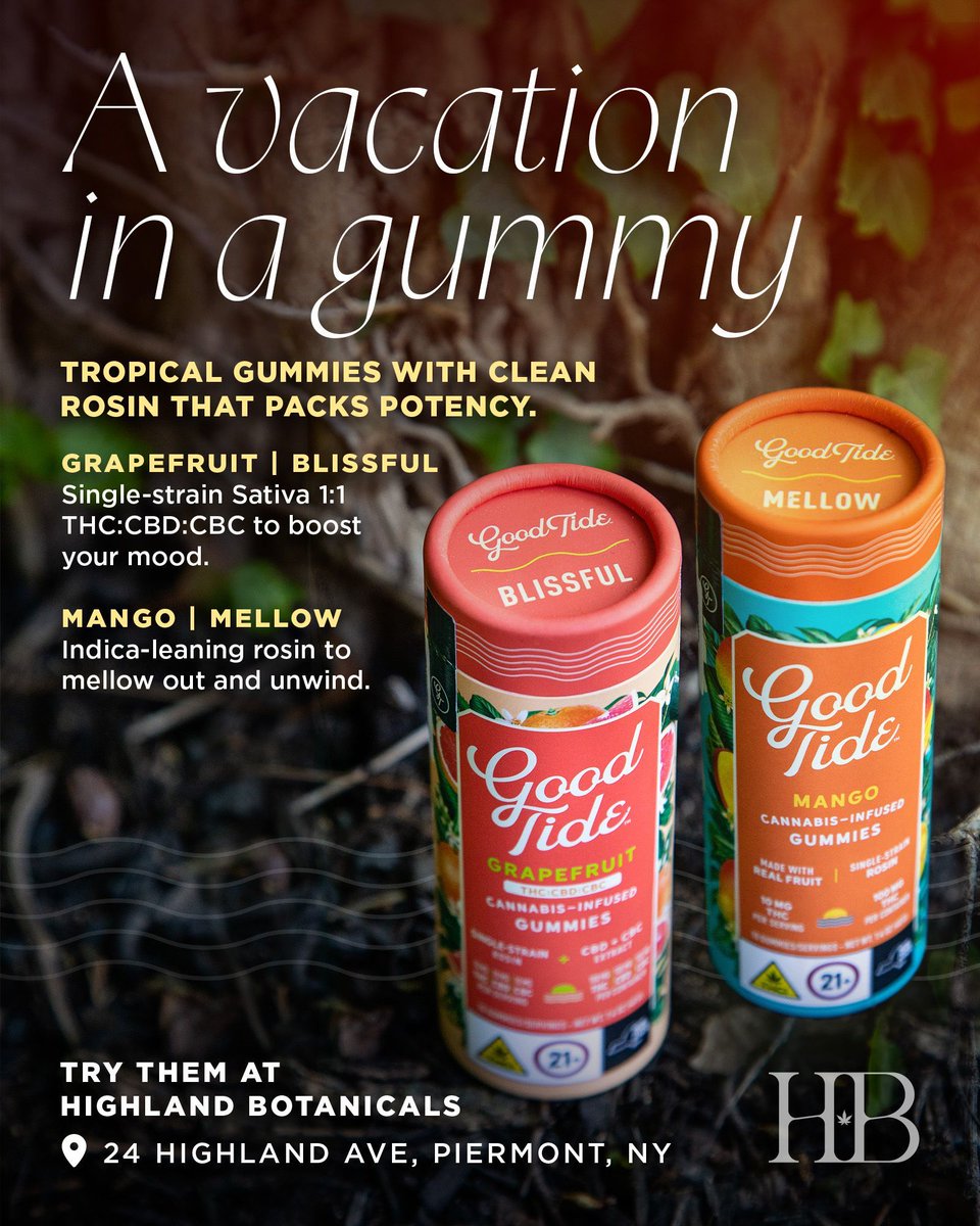 HighlandBotan's tweet photo. A #vacation in a gummy 🌴

🍊 Grapefruit Blissful
🥭 Mango Mellow

Made with clean #rosin and packed with tropical flavor, Good Tide Gummies are a great way to bring vacation vibes wherever you are.

📍 24 Highland Avenue | Piermont, NY
21+ only. Licensed New York retailer. https://t.co/CWqxTonbTD