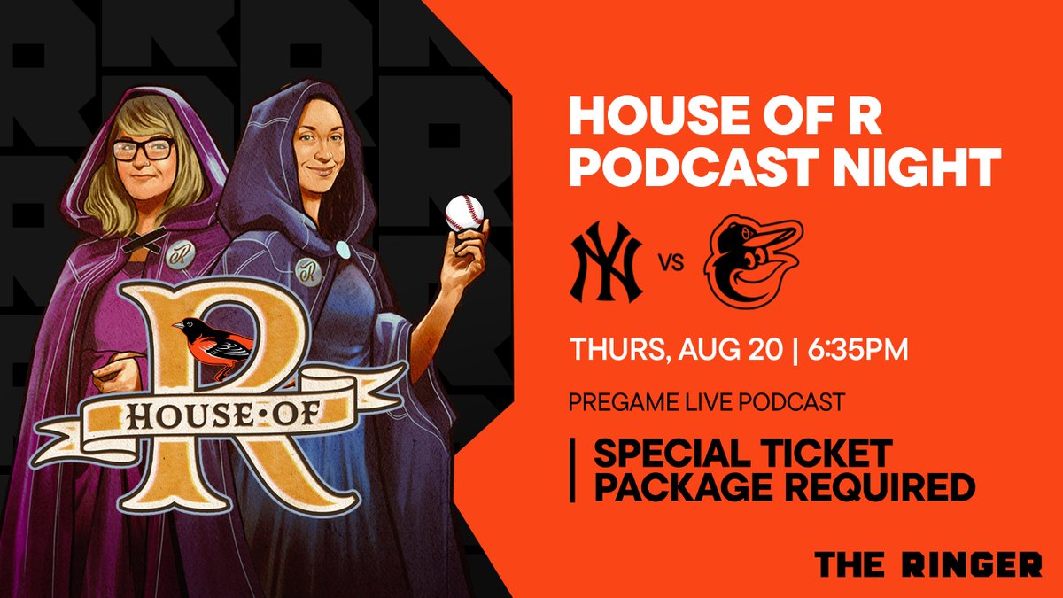 Orioles's tweet photo. Join us for House of R Night at Oriole Park on August 20, featuring The @ringer's @MalloryRubin and @jowrotethis!  

This special ticket package includes:

🎥 Access to a pregame live recording of an episode of House of R
🎟️ A game ticket in the PureWager Pavilion with both Mal and Jo

Learn More - https://t.co/kELycWxSlV