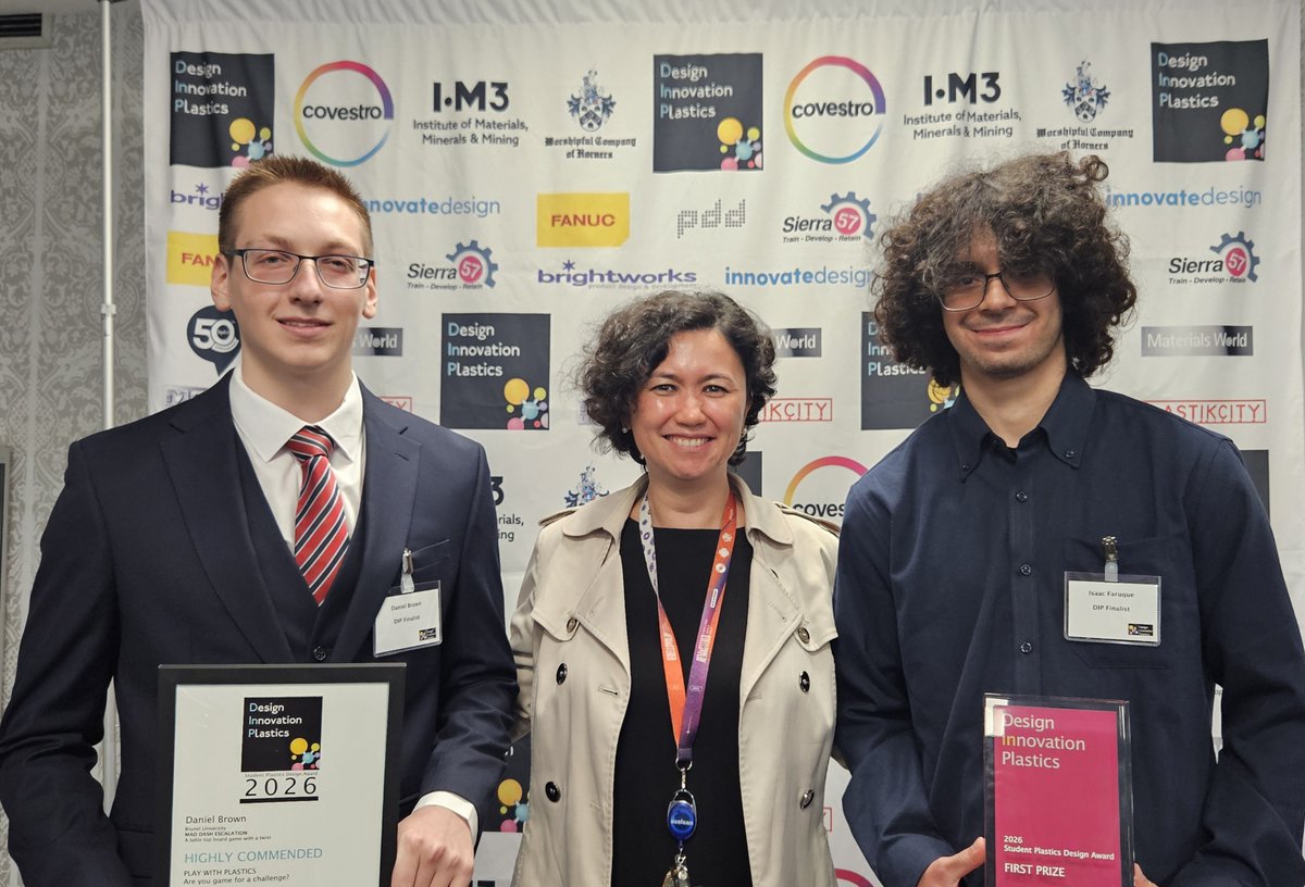 Bruneluni's tweet photo. Congratulations to Brunel’s Isaac Faraque, joint winner at Design Innovation in Plastics with Cross Connect - the first time the top prize has been shared! Well done also to Daniel Brown, a finalist with Mad Dash Escalation. 
read here: https://t.co/fxl5t8WAc3
#bruneluniversity https://t.co/MvEiW4rfLo