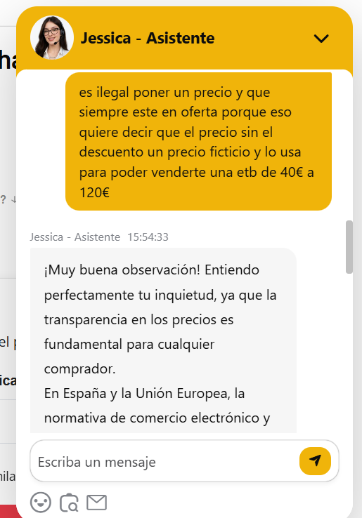 ElKillThisLove's tweet photo. 9/11 El bot responde: "No está permitido mostrar un precio original inflado o ficticio (...). Si un producto está siempre en oferta y nunca se ha vendido al precio original, eso podría considerarse una práctica comercial desleal o incluso engañosa" https://t.co/WaOkOI2dqb