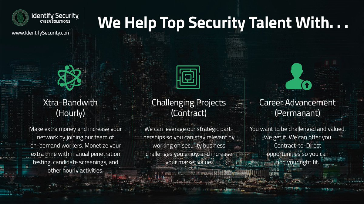 doyouidentify's tweet photo. Wherever you are in your cybersecurity journey, Identify Security connects you with flexible gigs, challenging contracts, and direct-hire roles. Ready to advance your career and make an impact? Let’s secure your future together. #Cybersecurity #CareerGrowth https://t.co/d8lhJgcE8t