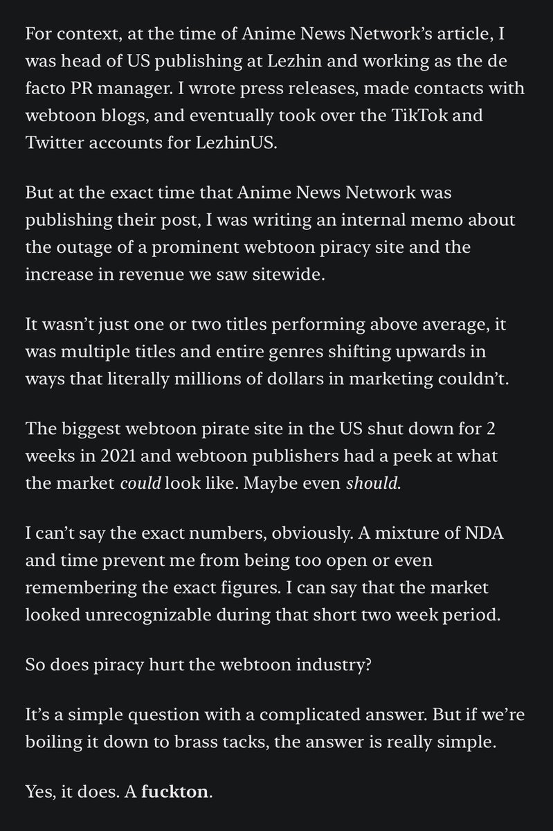 ka1shingeki's tweet photo. Does Piracy Hurt the Webtoon Industry? - Webtoon-ish

https://t.co/azjVn5WZU5

“It wasn’t just one or two titles performing above average, it was multiple titles and entire genres shifting upwards in ways that literally millions of dollars in marketing couldn’t. The biggest webtoon pirate site in the US shut down for 2 weeks in 2021 and webtoon publishers had a peek at what the market could look like. Maybe even should.”