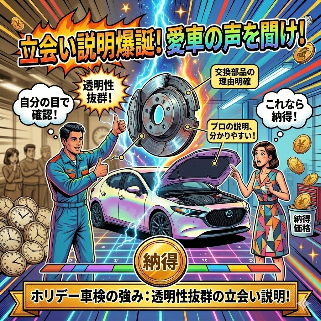 holiday_ueno's tweet photo. 【ホリデー車検の強み：立会い説明】

ホリデー車検では、お客様に実際の愛車の状態を見ていただきながら、整備士が「立会い説明」を行います。

交換が必要な部品やその理由をプロの目線で分かりやすく解説。

自分の目で確かめられるから、これまでにない高い透明性があります。

#ホリデー車検 https://t.co/SPHK87oo8d