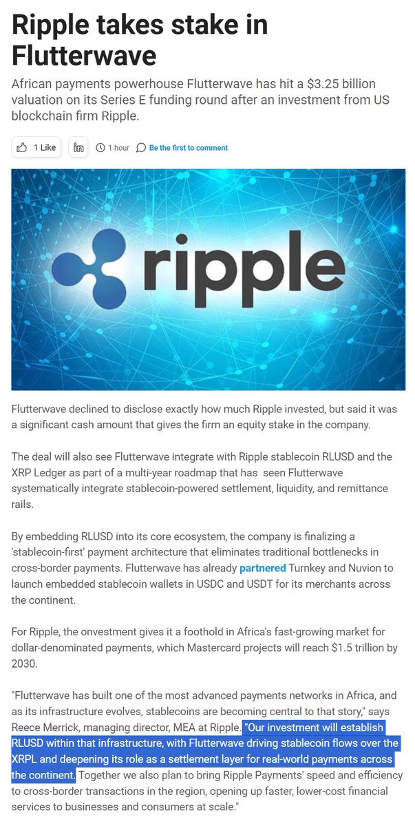 ChadSteingraber's tweet photo. Ripple invests in Flutterwave to integrate RLUSD into Africa's fast-growing market for stablecoins.

"Flutterwave has built one of the most advanced payments networks in Africa, and as its infrastructure evolves, stablecoins are becoming central to that story," says Reece Merrick, managing director, MEA at Ripple.

"Our investment will establish RLUSD within that infrastructure, with Flutterwave driving stablecoin flows over the XRPL and deepening its role as a settlement layer for real-world payments across the continent.

Together we also plan to bring Ripple Payments' speed and efficiency to cross-border transactions in the region, opening up faster, lower-cost financial services to businesses and consumers at scale."