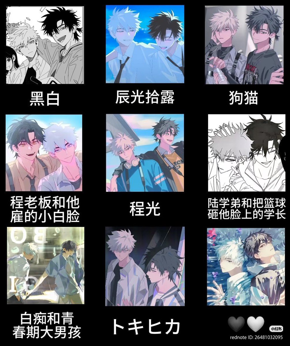 meihanxues's tweet photo. chengguang ship names 😹

1) heibai/black and white 
2) chenguang shi lu/gathering dew at dawn
3) dog and cat 
4) cheng laoban &amp; his hired sugar baby 😭 
5) cg
6) lu xuedi &amp; the xuezhang who smashed a basketball in his face 😭
7) 'idiot' and 'teenage boy'
8) tokihika
9) 🖤🤍 https://t.co/uELwzvhUyI