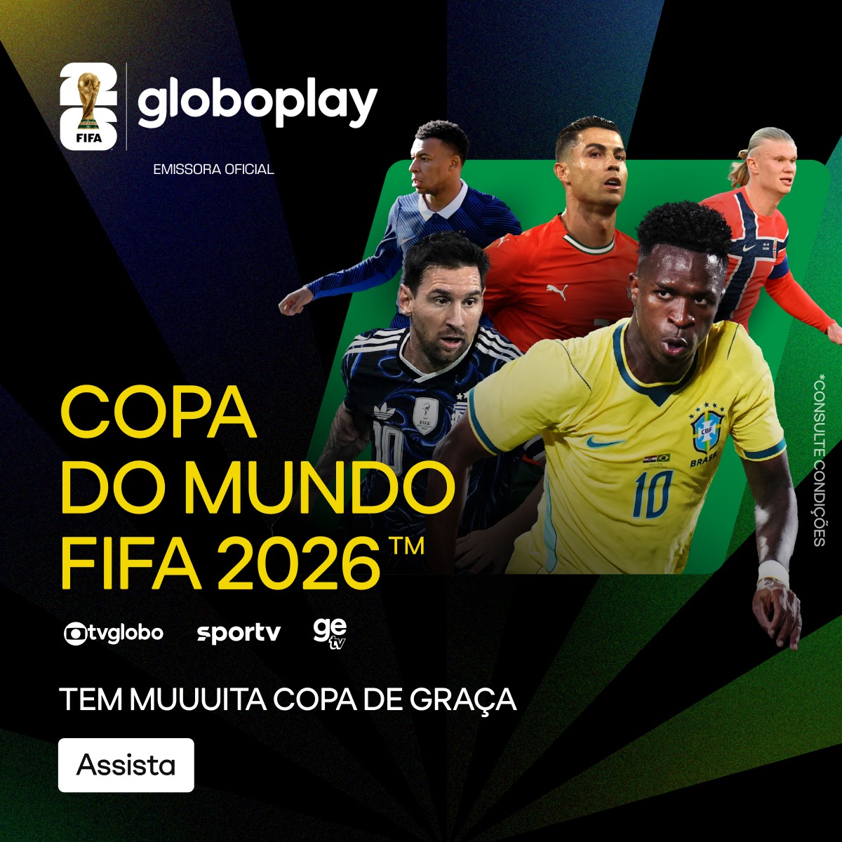 globoplay's tweet photo. ⚽ Globoplay é muita Copa do Mundo da FIFA 2026™ pra você torcer do seu jeito! Tem toda a emoção e tradição da TV Globo, o timaço de especialistas ligado 24 horas por dia no sportv, e a resenha completa que só a ge tv tem. Assista agora!