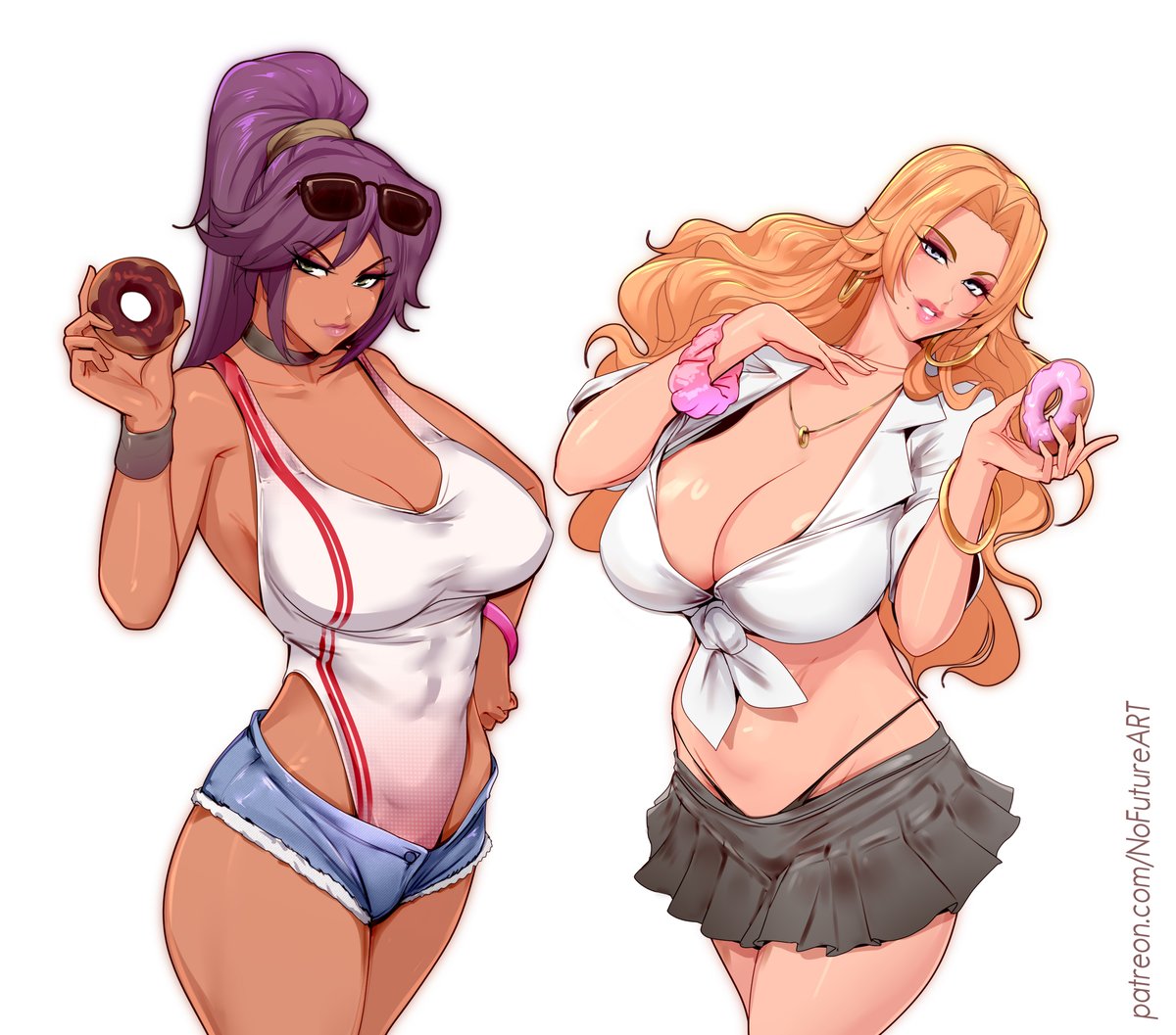 Nofuture_art's tweet photo. Yoruichi and Rangiku showing their donuts [NOT A CLICKBAIT] https://t.co/owWEYeXp6b