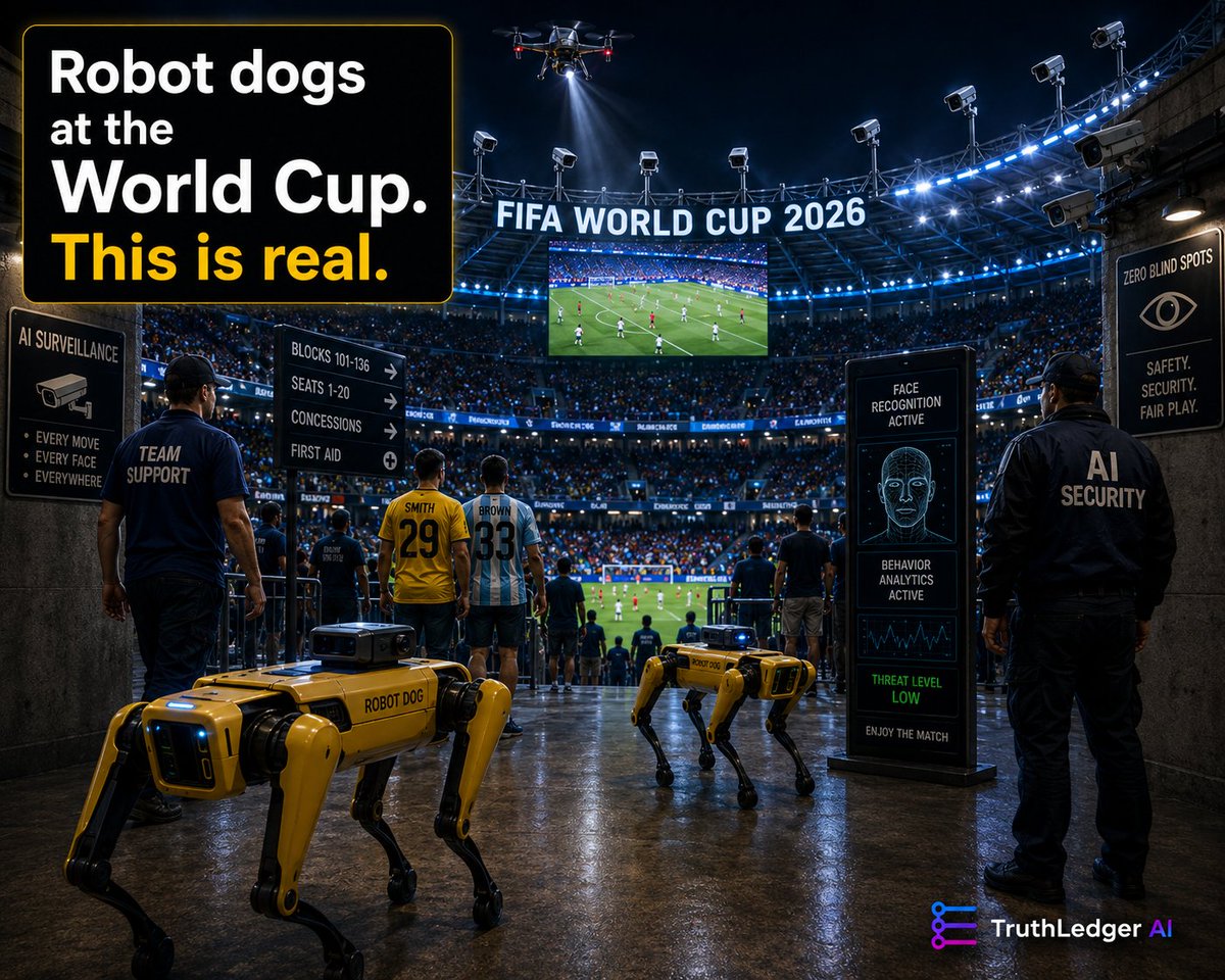 RichardMaris1's tweet photo. Robot dogs. Hunter drones. AI cameras. All at the World Cup — right here in America.
$875 million in security tech is being deployed across 16 US, Canadian, and Mexican venues for FIFA 2026. Boston Dynamics' Spot robots are already patrolling AT&T Stadium in Texas.
The question nobody's asking: what happens to all this surveillance infrastructure after the final whistle blows?
#FIFA2026 #AI #Surveillance #TruthLedgerAI