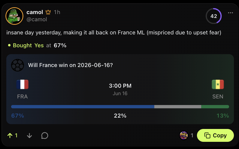 camolNFT's tweet photo. We got COOKED yesterday on the World Cup.

Wiped out my entire profits for the event.
But... every manager saw yesterday and wants to ensure they don't get embarrassed in the same way.

Here's todays FREE picks:

- France WIN 🇫🇷
- France Senegal O 2.5 🇫🇷🇸🇳
- Norway -1.5 🇳🇴
- Argentina Algeria BTTS 🇦🇷🇩🇿

I drop more FREE picks on @TradeOnsight, all you have to do is sign up 😘