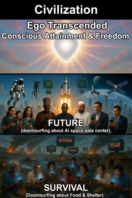 DrMelchisedecB's tweet photo. Survival layer: 
Doomsurfing the Apocalypse - Food & Shelter.
Burned world. Floods. Fires. Wars.
Everyone glued to phones, feeding on Outrage, Scandal & Fear.
Future layer: 
Doomsurfing AI & Space.
Shining cities. Rockets. Satellites. Data centers.
Everyone glued to phones, feeding on Optimism, Progress & Wonder.
Human layer: 
Ego Transcended. Conscious Attainment & Freedom.
Everything else is theater.  
Are we building the heart as we build technology?