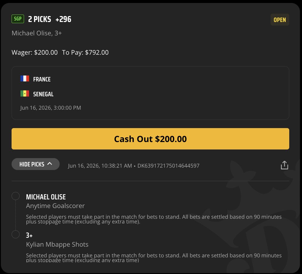 LocktopusOdds's tweet photo. olise to score +240 on draftkings 🔒🐙

had to add dummy leg for limits, take it as a single if you can

mbappe 3+ shots should be around -700, dk at -400

lock it in 🔒🐙 https://t.co/JYLC4EZO3p