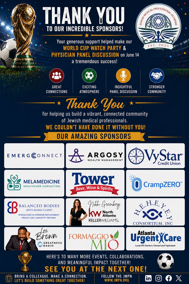 TheJMPN's tweet photo. Thank you to our incredible sponsors for helping make the @theJMPN World Cup Watch Party &amp; Physician Panel Discussion a tremendous success! ⚽🏆 Your support helped create meaningful networking, insightful discussions, and stronger connections across our growing community. https://t.co/ZqrQkMQagl