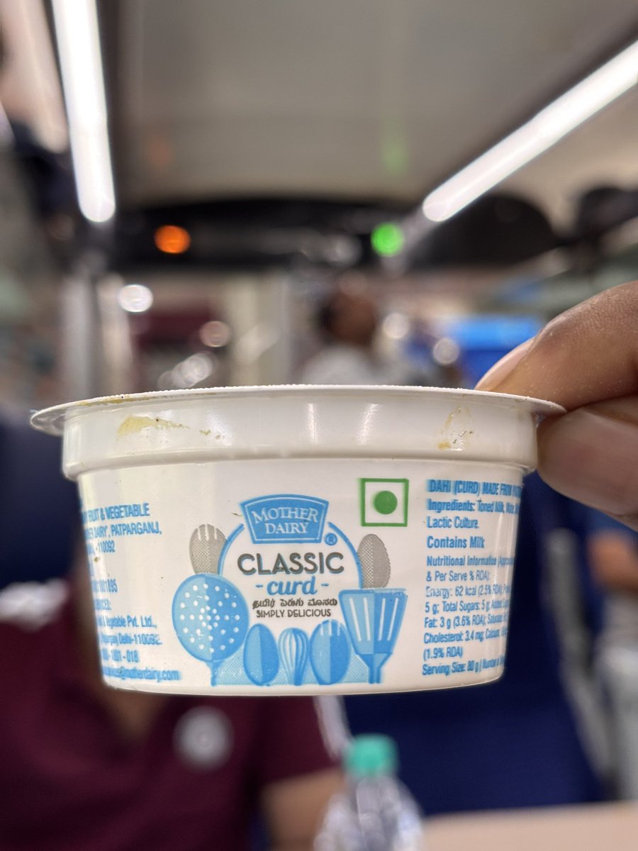dsp_devaraj's tweet photo. Just a Thought💭 
 While travelling in #VandeBharat this mrng &amp; hvng lunch, I noticed the curd served onboard. It made me wonder, why not consider including #Nandini #ನಮ್ಮನಂದಿನಿ one of Karnataka’s mst loved dairy brands. it makes feel Karnataka proud.@RailMinIndia #IndianRailways https://t.co/ta8qoEwzhI