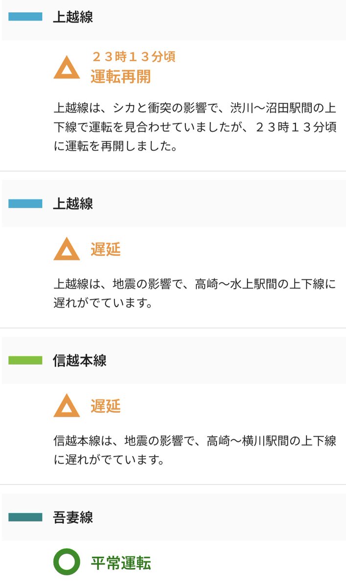 JR東日本 上越線、鹿との衝突で遅延