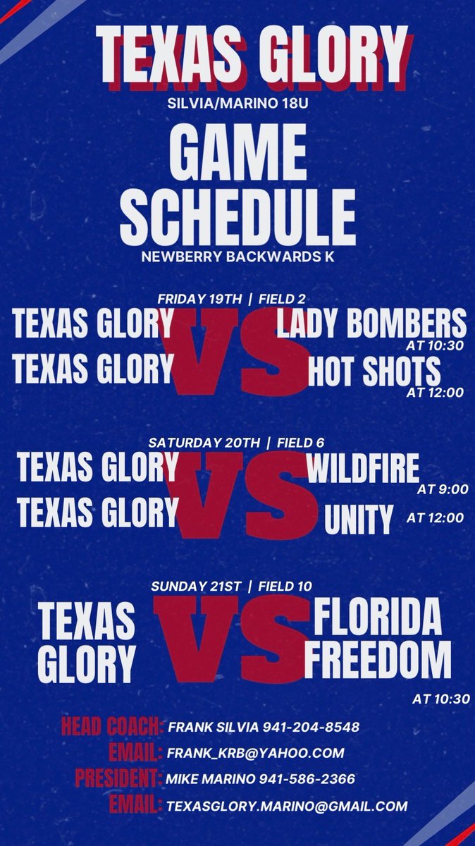 TXSGlorySilvia's tweet photo. We are in Newberry this weekend for the Backwards K tourney! We can’t wait, and hope to see you coaches there!!❤️💙🥎 https://t.co/eJezTe23Mz