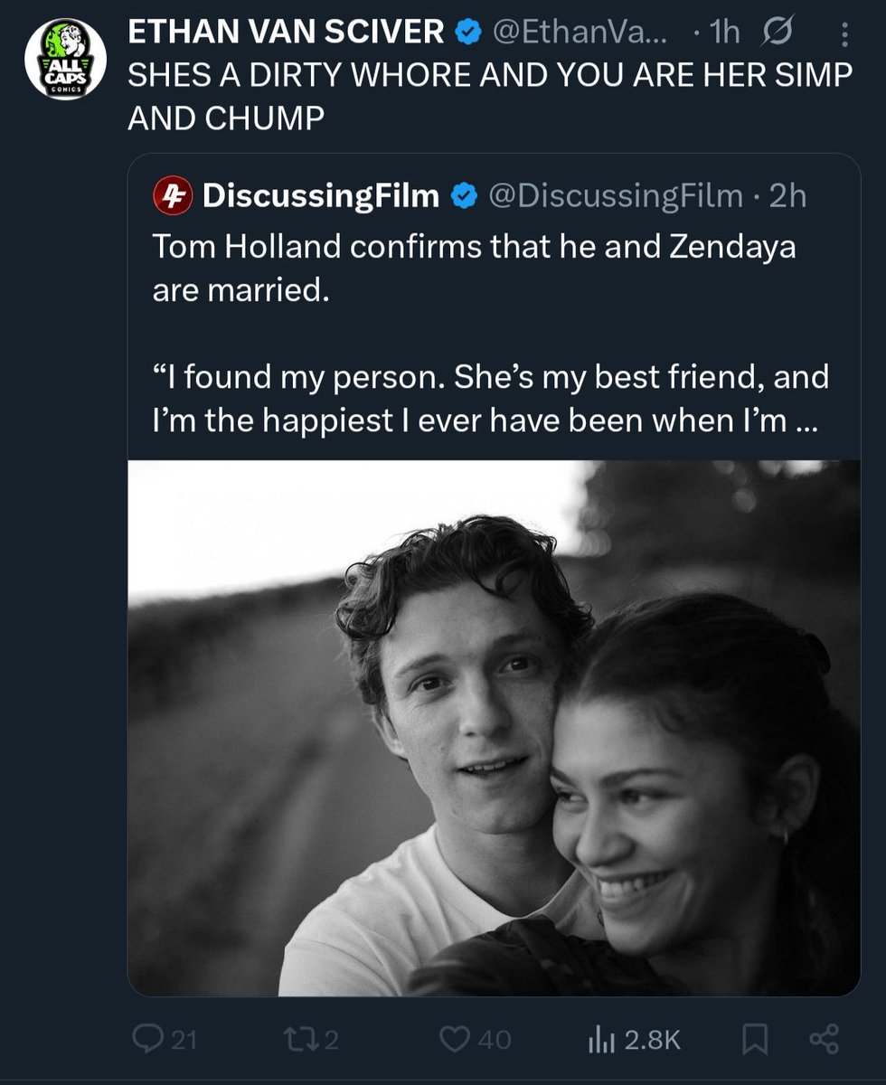 Alfred_Orteez's tweet photo. @DiscussingFilm Disgraced, former Green Lantern artist, Ethan Van Sciver, calls Spider-Man actress, Zendaya, "A DIRTY WHORE..."
WTF is wrong with these washed up pros?!
#Comicsgate #AllCapsComics https://t.co/uz75TSBC99