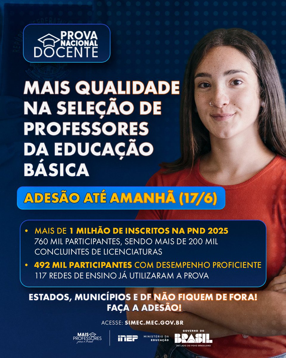 min_educacao's tweet photo. Atenção, redes de ensino! A adesão à PND vai até amanhã, 17/6.
👩🏫 Em 2025, +1 milhão de pessoas fizeram a PND.
🏫 117 redes utilizam a prova.
📈 70% delas não tinham avaliação própria.
Mais qualidade, transparência e segurança na seleção de professores.
#PND #MaisProfessores https://t.co/Wp6756xQnp