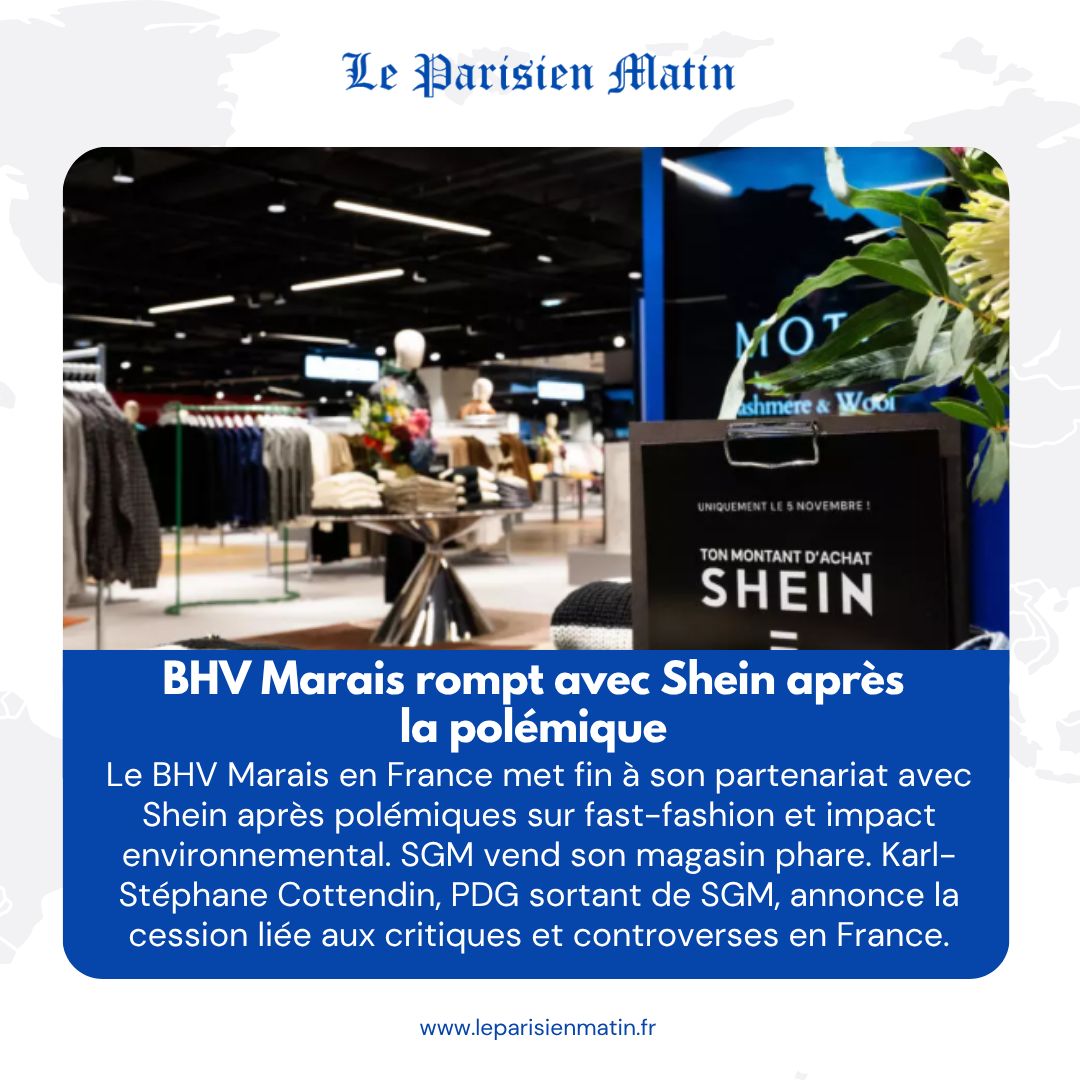 LeParisienMatin's tweet photo. BHV Marais met fin à son partenariat avec Shein en France après controverses environnementales et décision de SGM
#LeParisienMatin #BHVMarais #Shein #France #FastFashion
Read More: https://t.co/gYFSyW5bte https://t.co/CJJQFqc4uR