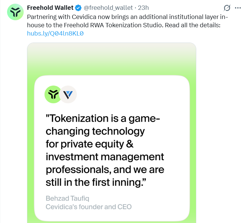 NeutralViewLab's tweet photo. just saw $RIO launch the Freehold Token Studio with Cevidica (SEC licensed broker-dealer). honestly this one caught my attention.

basically they packed RWA issuance, ownership tracking, investor access, treasury stuff and liquidity all into one platform, now with proper IB advisory too.

no more piecing together random tools. issuers can tokenize real assets way smoother. still early days for actual RWA adoption but this feels like a solid bridge between TradFi and on-chain.

what do you guys think - will better infra make RWA scale faster?

This is not financial advice. DYOR, not investment recommendation.

#RWA #Tokenization #RIO