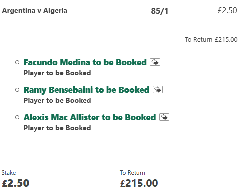 EmilyTaylorTips's tweet photo. 2am Argentina vs Algeria🟨

The odds are absolutely ridiculously good on this game
Medina 4/1🤯
Mac Allister 11/2🤯
Enzo Fernandez 5/1🤯

Ref averages over 4 cards, he has given out 11 cards in his last 3 games! 😍

Tap the ❤️ if you are joining in on some of these! https://t.co/kDrZPXUpsF