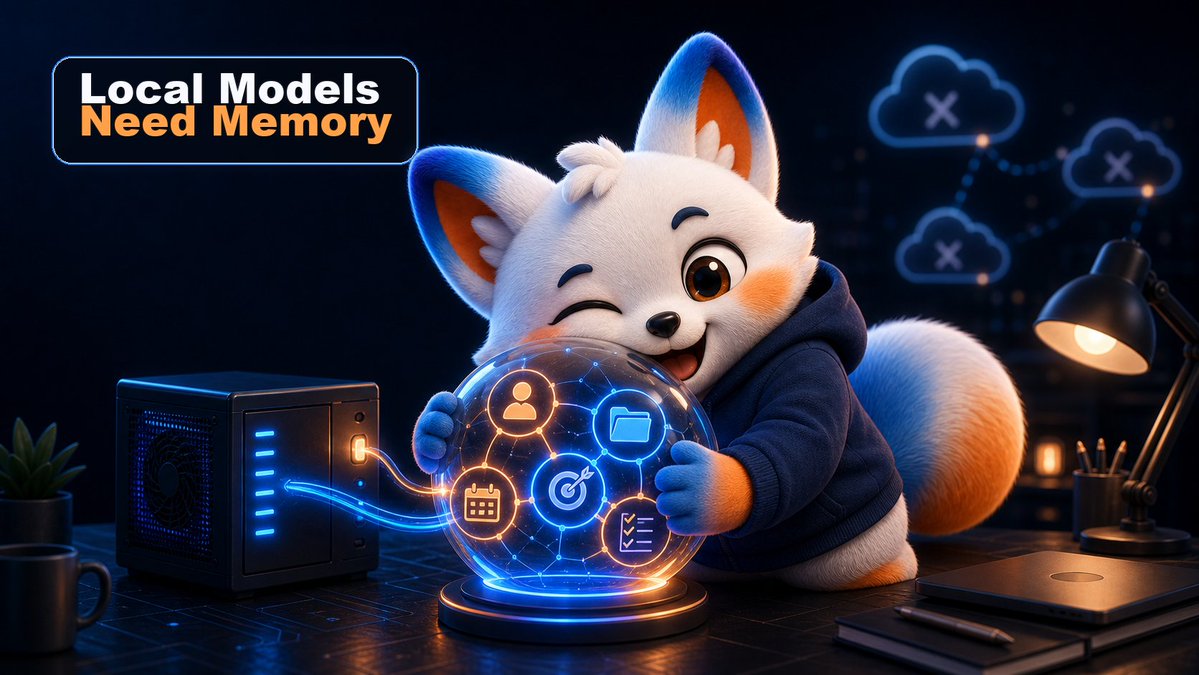 AlloomiAI's tweet photo. A local model with no long-term memory still starts from zero.

The missing layer is durable private memory: projects, people, decisions, open loops, and time.

That memory should live where the user can inspect it. Not hidden inside another cloud black box.

Repo: https://t.co/t7Sk3aWyhb