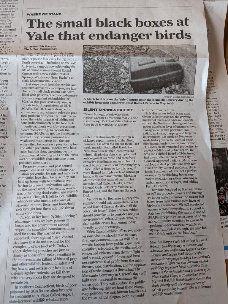 DFANewHaven's tweet photo. Op-ed in today's @nhregister calls out Yale for using anti-coagulant rodenticides while simultaneously putting on a glowing exhibition about Rachel Carson and "Silent Spring" https://t.co/XYaKXPSuXX