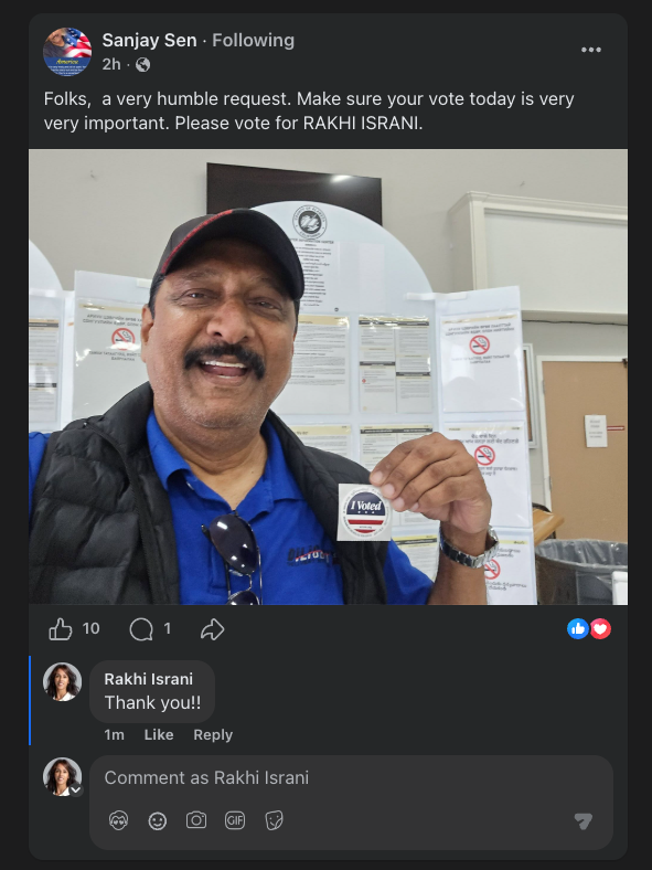 RakhiIsraniCA's tweet photo. Thank you Sanjay.  Everyone please vote by 8PM TONIGHT if you haven't already!  More info below:

🗳️ Vote Centers:  https://t.co/NekoEJ1jmc

🚗 For a free ride to your nearest vote center, please text the word RIDE to telephone # 510.767.9922.

？Or text HELP to 510.767.9922 for any help with ballots.