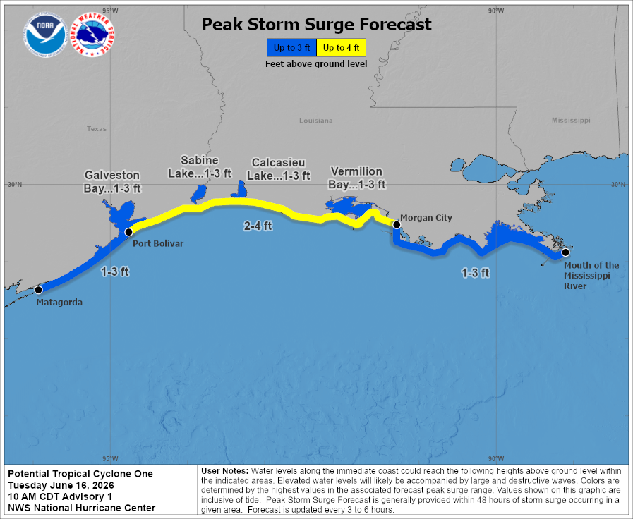 NHC_Surge's tweet photo. 6/16 10am CDT: Minor to moderate coastal flooding from Potential Tropical Cyclone One is expected along portions of the Upper Texas and Louisiana coastlines. https://t.co/TUTwiV2QhB