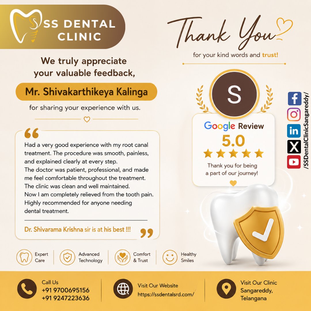 SSDentalClinics's tweet photo. #RootCanalTreatment #SSDentalClinic #SangareddyDentist #PainlessRootCanal #PatientReview #GoogleReview #DrShivaRamaKrishna #DrShivaratna #Sangareddy #PothireddyPally #PainlessDentistry #SaveYourTooth #ToothacheRelief #FiveStarRating #SangareddyDistrict #DentalCare #ExpertDentist https://t.co/RltD7eSs4w