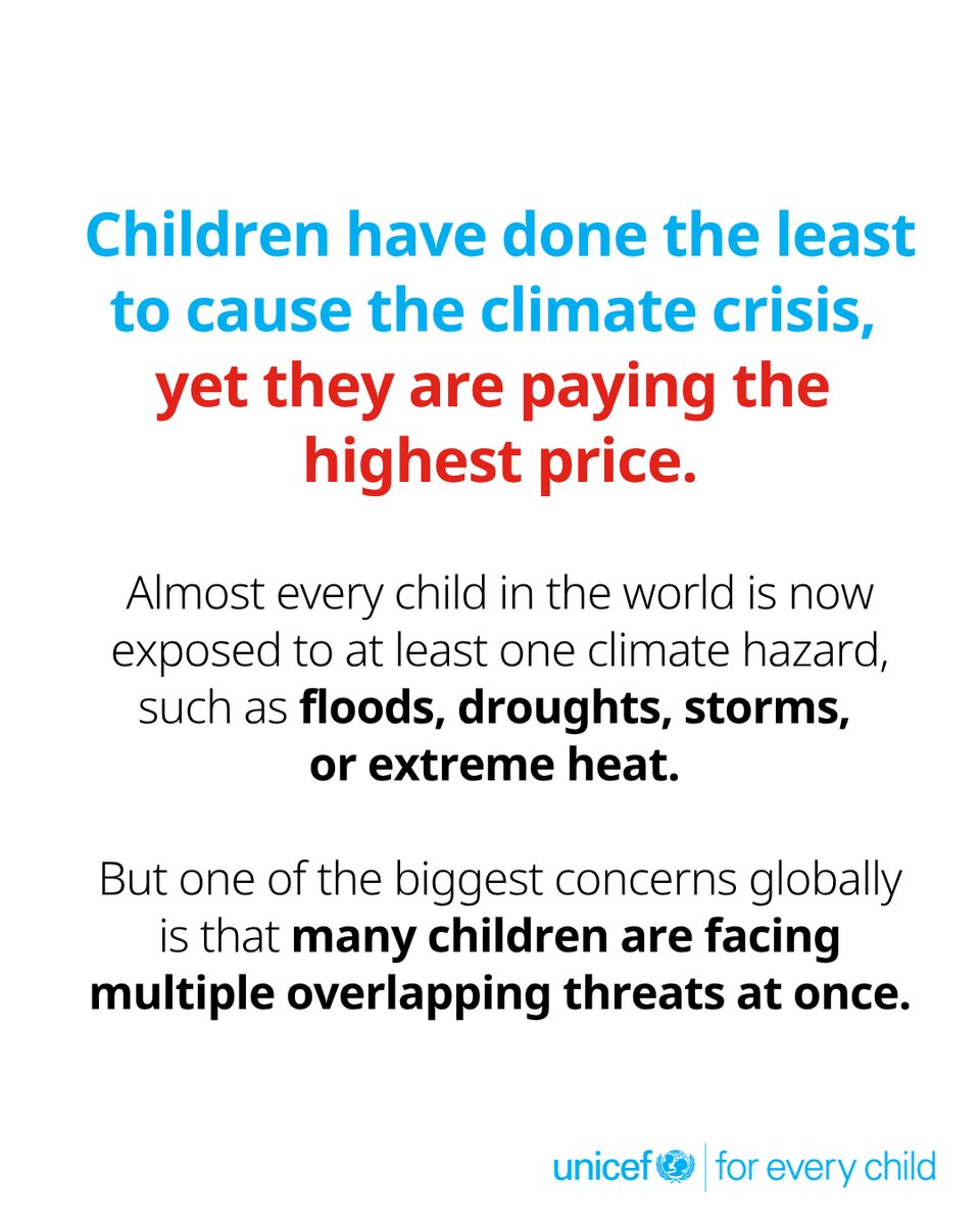 UN's tweet photo. Nearly half of the world’s children are exposed to at least three overlapping climate threats, putting their health, education & survival at risk.

New @UNICEF report maps where & how climate hazards are affecting children most, and calls for urgent action to protect them. https://t.co/FafEALfPFQ