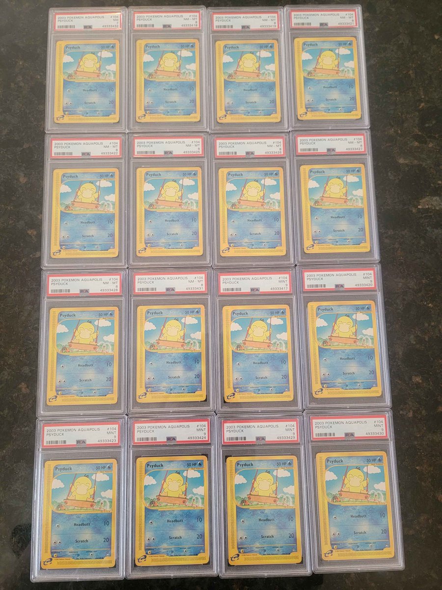 TheGameCapital's tweet photo. @poke_emilys We graded a few like 5 years ago. No 10s though 🥲Love that Psyduck art! https://t.co/4ugnIG2lc5