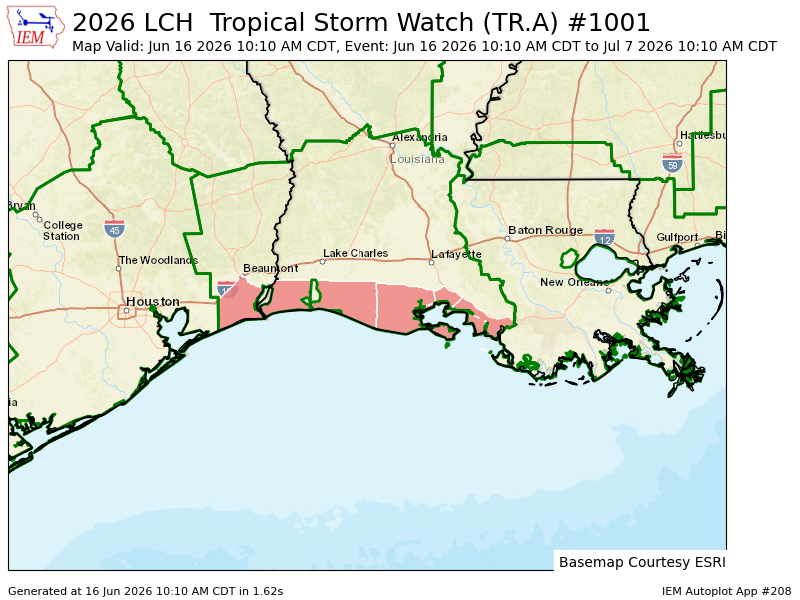 iembot_lch's tweet photo. LCH issues Tropical Storm Watch for 10 forecast zones in [GM] until further notice https://t.co/X5hv3Uj1Eq https://t.co/0wXb6qbkMB