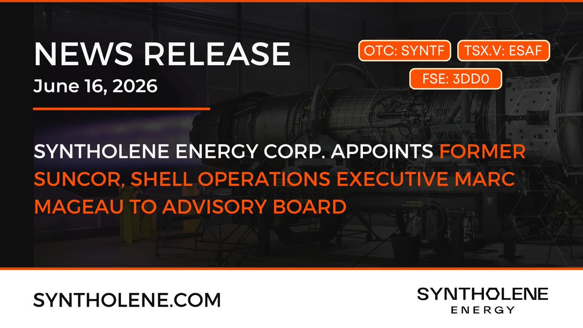 syntholene's tweet photo. Syntholene Energy Corp. (TSX-V: $ESAF.V | OTCQB: SYNTF | FSE: 3DD0) Appoints Former Suncor, Shell Operations Executive Marc Mageau to Advisory Board

▶️ Full Release: https://t.co/vPS2VW6uUG https://t.co/XXyFZVG4WP