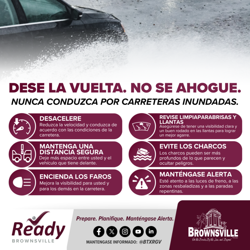 BTxRGV's tweet photo. Rainy roads can become dangerous fast. Slow down, turn on your headlights, leave extra space, and avoid puddles or flooded areas.

Check road conditions before you go: https://t.co/Cx4P8gEhzt

#TurnAroundDontDrown #BrownsvilleTX #ReadyBrownsville https://t.co/XazAMycyj7