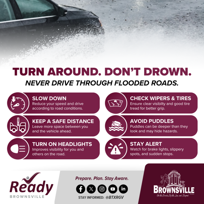 BTxRGV's tweet photo. Rainy roads can become dangerous fast. Slow down, turn on your headlights, leave extra space, and avoid puddles or flooded areas.

Check road conditions before you go: https://t.co/Cx4P8gEhzt

#TurnAroundDontDrown #BrownsvilleTX #ReadyBrownsville https://t.co/XazAMycyj7