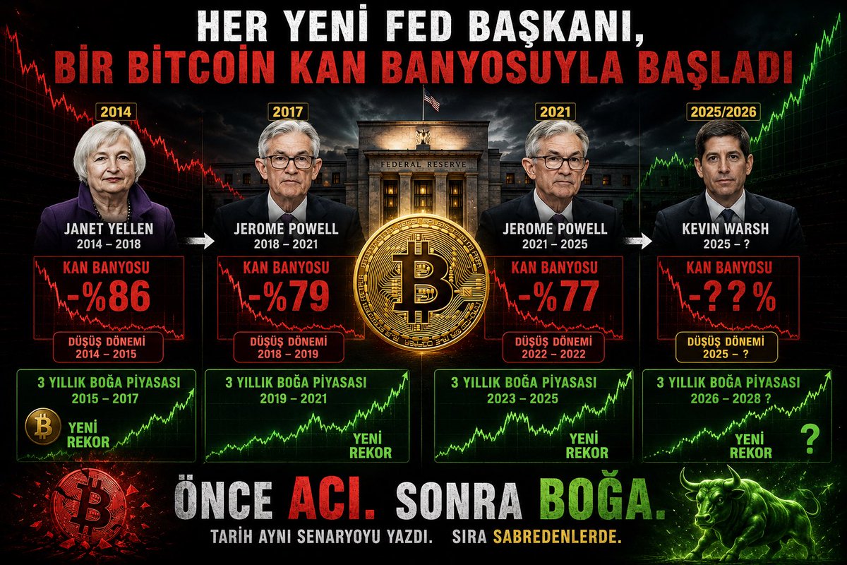 Coinmatik1's tweet photo. #Bitcoin’de tarih tekerrür mü ediyor?

Her FED başkanı değişiminde #Bitcoin büyük bir kan banyosu yaşadı:

📉 2014 – Yellen dönemi: -%86 📉 2018 – Powell dönemi: -%79 📉 2022 – Powell dönemi: -%77

O günlerde herkes aynı şeyi söylüyordu: “#Bitcoin bitti.” diyordu ancak gerçek farklıydı.

Her büyük düşüşün ardından güçlü boğa piyasaları geldi.
Şimdi gözler yeni #FED Başkanı Kevin Warsh’ın ilk toplantısında.