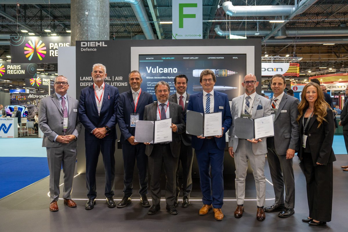 LDO_Electronics's tweet photo. During @cogeseurosatory 2026 in Paris, @DiehlDefence, #Leonardo and @generaldynamics Ordnance and Tactical Systems (GD-OTS) celebrate the Extended Range Artillery Projectile (#ERAP) contract which was won by #GeneralDynamics this year. The #Vulcano 155 mm Guided Long Range (GLR) guided ammunition was selected by the U.S. Army’s Project Office PM CAS (Project Manager Combat Ammunition Systems) for the U.S. Army. https://t.co/uJE7LSThH4 #Eurosatory2026