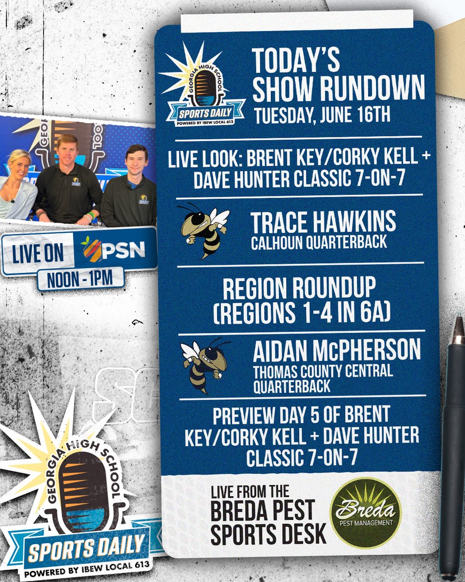 scoreatlanta's tweet photo. Join us today for Georgia High School Sports Daily! 🎙️🔥
Here’s what we’ve got lined up:
🏈 Segment 1: Live Look from the Brent Key/Corky Kell + Dave Hunter Classic 7-on-7
🎤 Segment 2: Trace Hawkins, Calhoun QB
📍 Segment 3: Region Roundup (Regions 1-4 in 6A)
⚡ Segment 4: Aidan McPherson, Thomas County Central QB
🏆 Segment 5: Preview of Day 5 at the Brent Key/Corky Kell + Dave Hunter Classic 7-on-7
You won’t want to miss it. Tune in! 👀
Watch live on PSN or ANF: https://t.co/qGo5TdbWmT